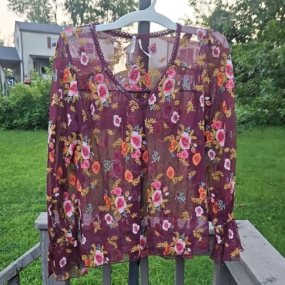 Feather & Bone for Anthropologie Sheer Floral Embroidered Blouse XS